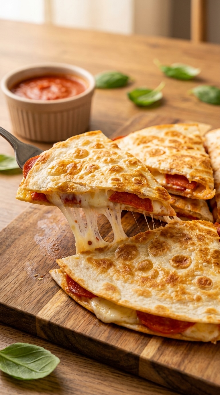 A stack of golden-brown pizza quesadillas with melting mozzarella and pepperoni inside, showing a long cheese pull.