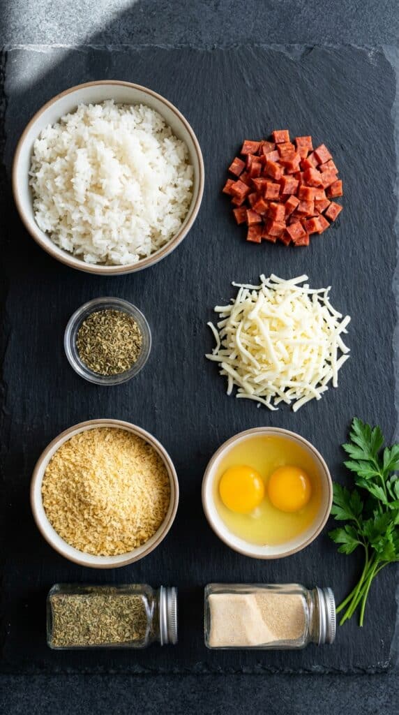 A flat lay showing cooked rice, chopped pepperoni, mozzarella cheese, eggs, and breadcrumbs on a dark surface.