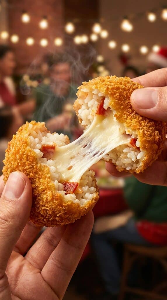 A close-up of a fried rice ball being pulled apart, showing a long string of melted mozzarella cheese and pepperoni inside.