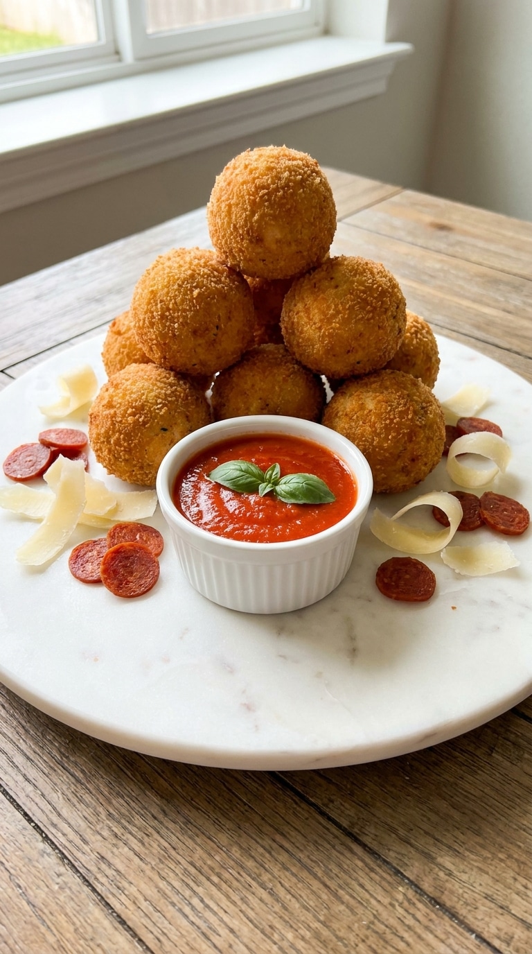 A platter of golden-brown crispy rice balls served with a side of red marinara sauce and fresh basil.