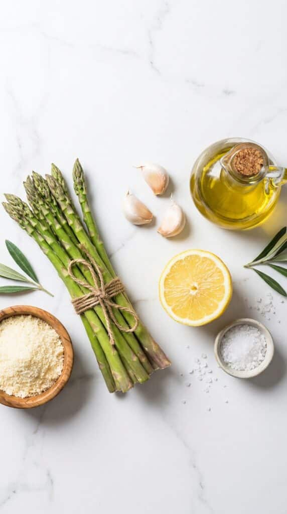 An organized flat lay of fresh asparagus, a bowl of Parmesan, garlic, lemon, and olive oil on a white marble surface.
