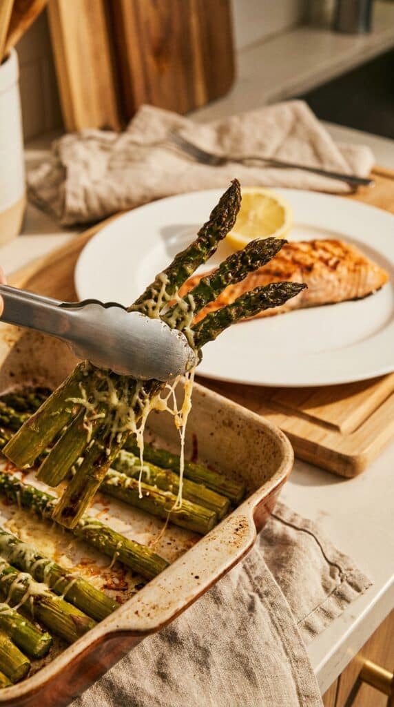 A close-up of tongs lifting cheesy roasted asparagus with visible melted cheese pulls.