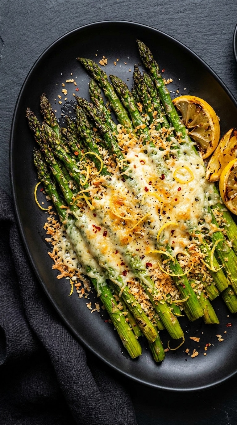 A platter of roasted green asparagus topped with melted golden Parmesan cheese and lemon zest.