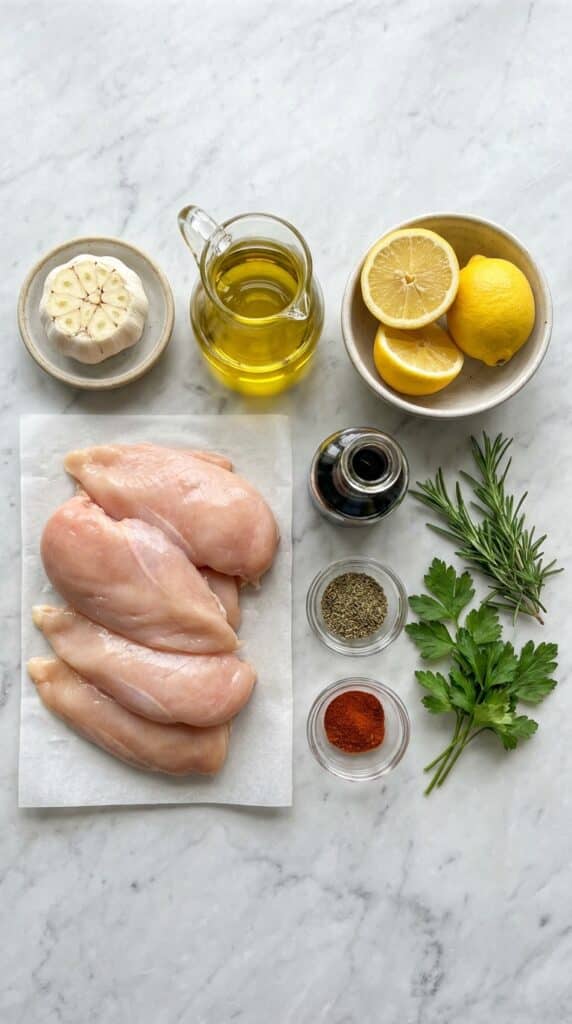 A flat lay of raw chicken, a head of garlic, olive oil, lemons, and Italian herbs on a marble countertop.