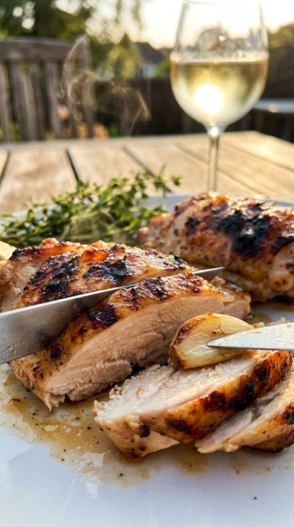 A close-up of a knife slicing a charred Italian chicken thigh, showing the juicy meat and roasted garlic.