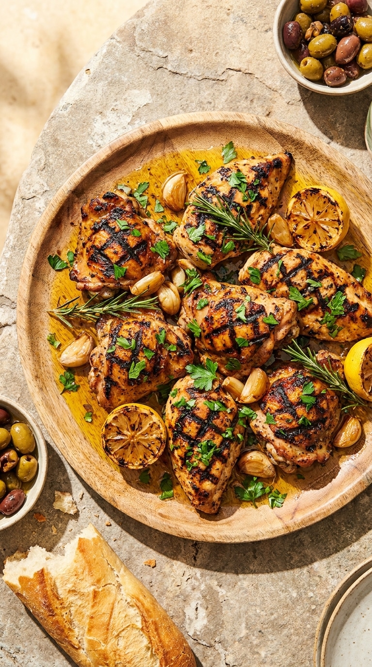 A rustic platter of Italian grilled chicken with dark grill marks, caramelized garlic cloves, and charred lemons.