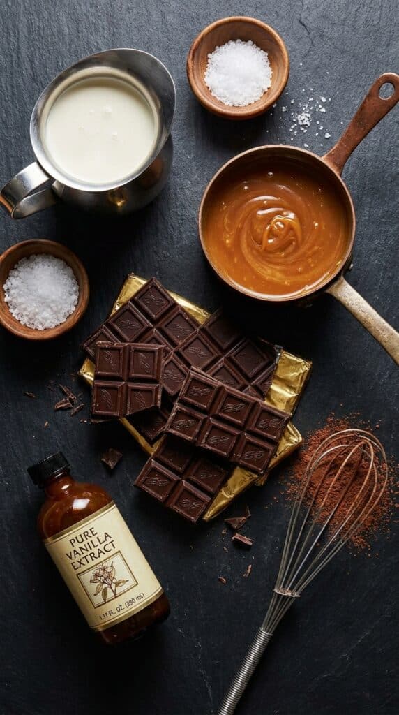 A flat lay of dark chocolate chunks, a copper pot of caramel, heavy cream, and sea salt on a dark slate background.