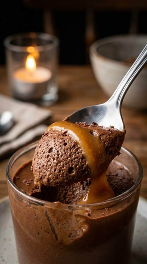 A close-up of a silver spoon lifting a scoop of airy chocolate mousse with a trail of golden caramel.