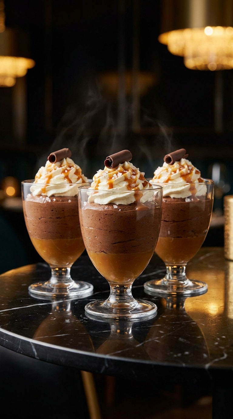 Three elegant glass cups showing layers of golden salted caramel and dark chocolate mousse, topped with whipped cream and sea salt.