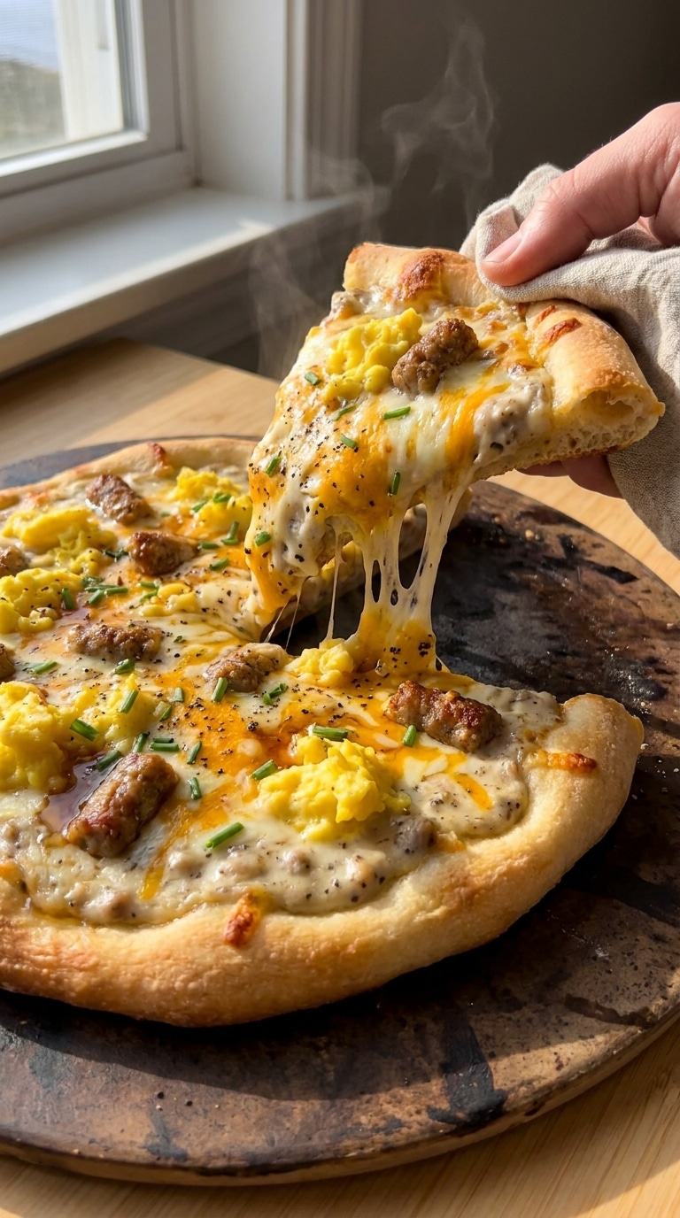 A thick-crust breakfast pizza topped with creamy sausage gravy, scrambled eggs, sausage crumbles, and melted cheese.