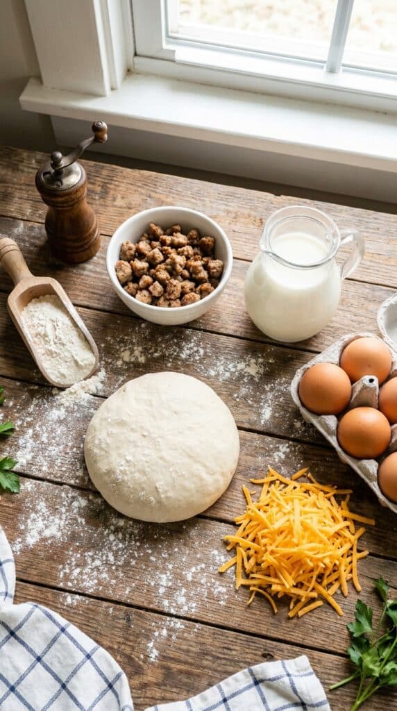 An organized flat lay of pizza dough, cooked sausage, eggs, milk, and shredded cheese on a wooden table.