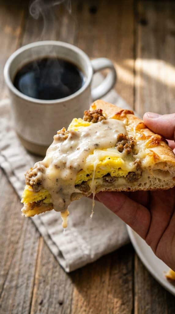 A close-up of a person eating a slice of breakfast pizza, showing the thick gravy and sausage layers.