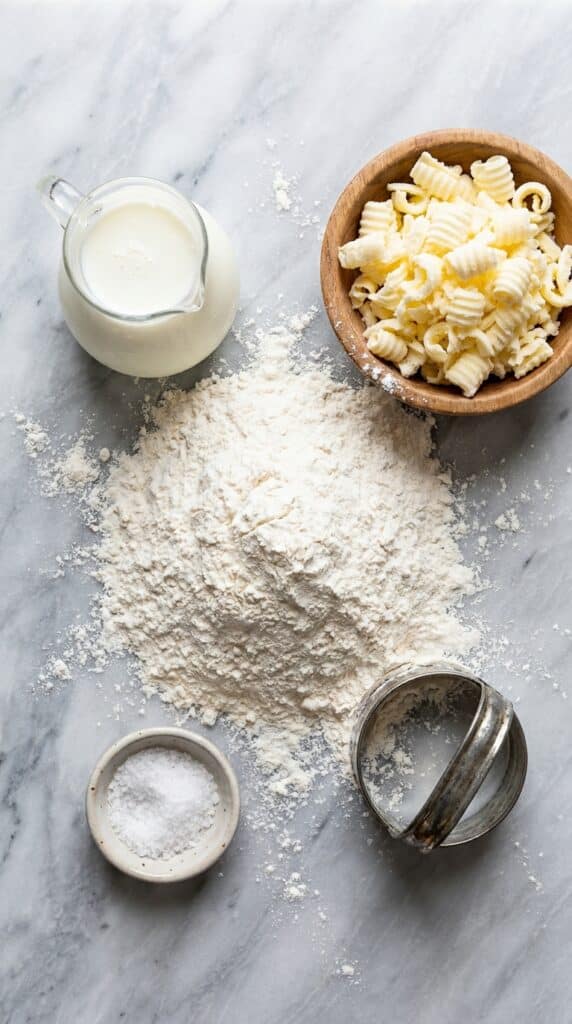 A flat lay of biscuit ingredients: flour, cold buttermilk, grated butter curls, and a biscuit cutter on marble.