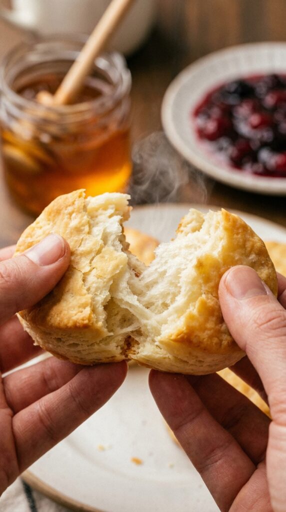 A close-up of a warm butter biscuit being pulled apart, showing dozens of thin, flaky layers and rising steam.