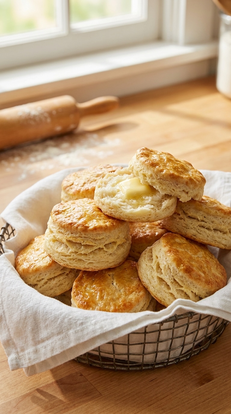A basket of tall, flaky butter biscuits with golden tops, one split open with melting butter.