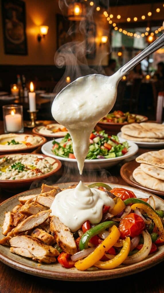 A close-up of creamy garlic sauce being spooned over grilled chicken shawarma on a plate.