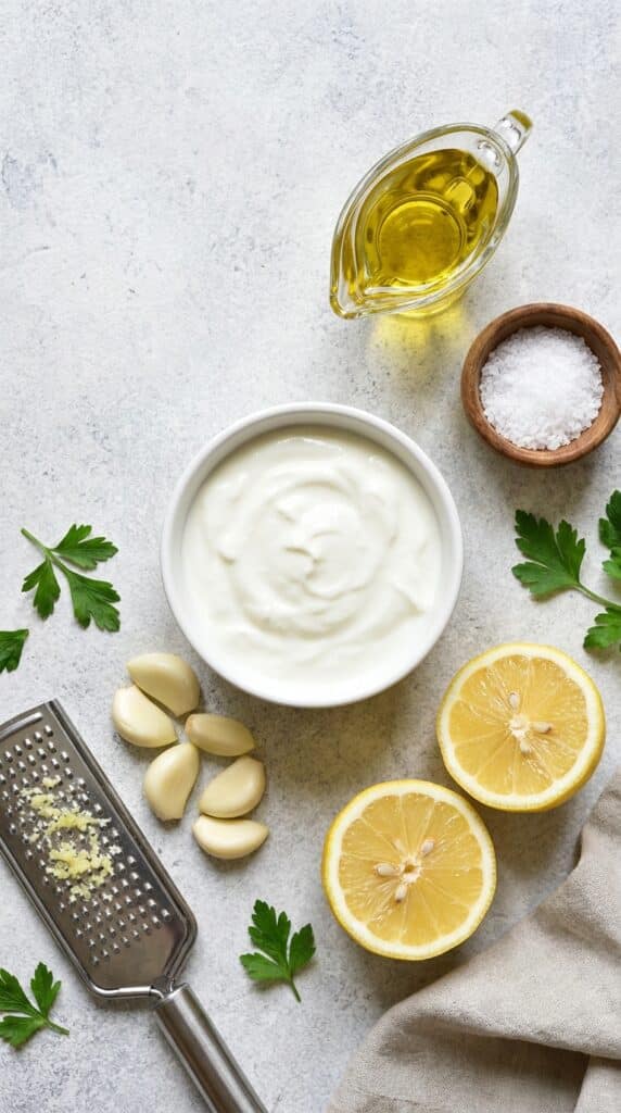 A flat lay of Greek yogurt, fresh garlic cloves, lemon halves, and olive oil on a stone countertop.