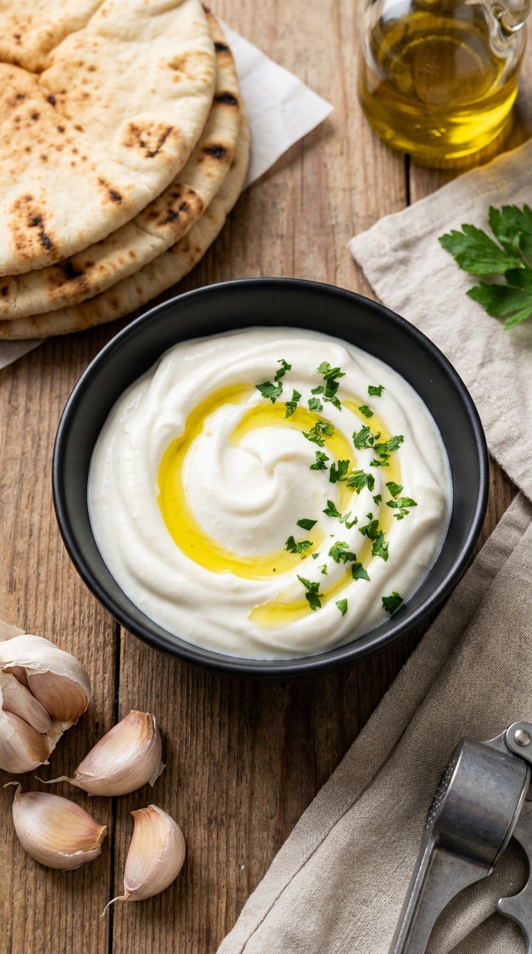 A small black bowl of thick, creamy white garlic shawarma sauce with a swirl and a drizzle of olive oil.