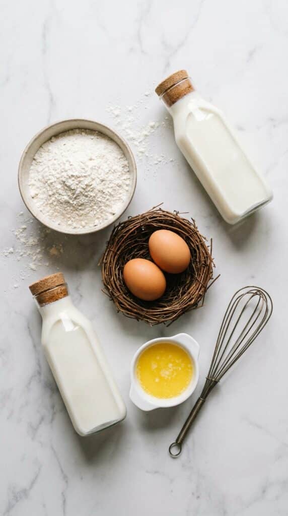 A clean arrangement of flour, eggs, milk, and melted butter on a marble counter for making crepes.