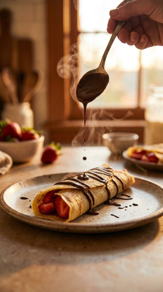 A close-up of chocolate being drizzled over a strawberry-filled crepe with a blurred kitchen background.