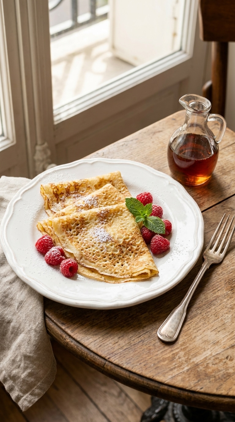 Three golden-brown folded French crepes on a white plate dusted with powdered sugar and topped with fresh berries.