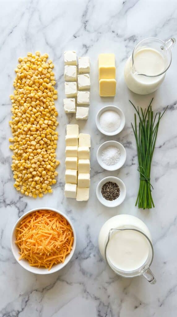 A flat lay of frozen corn, cubed cream cheese, sliced butter, shredded cheddar, and milk on a marble counter.