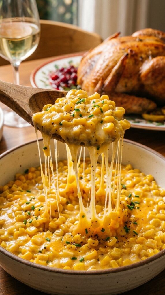 A close-up of a spoon scooping creamy cheddar corn with visible cheese strings and rising steam.