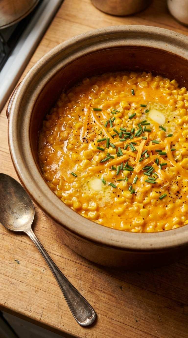 A slow cooker filled with creamy, melted cheddar corn garnished with fresh chives.