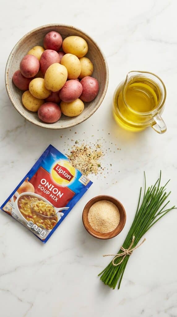 A flat lay of baby potatoes, a Lipton Onion Soup Mix packet, olive oil, and garlic powder on a marble counter.