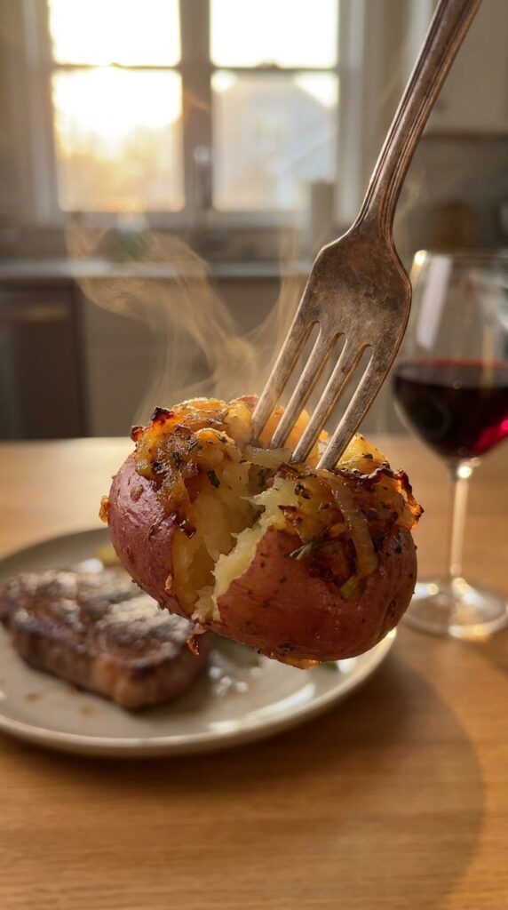 A close-up of a fork piercing a steaming, seasoned onion potato with a steak dinner in the background.