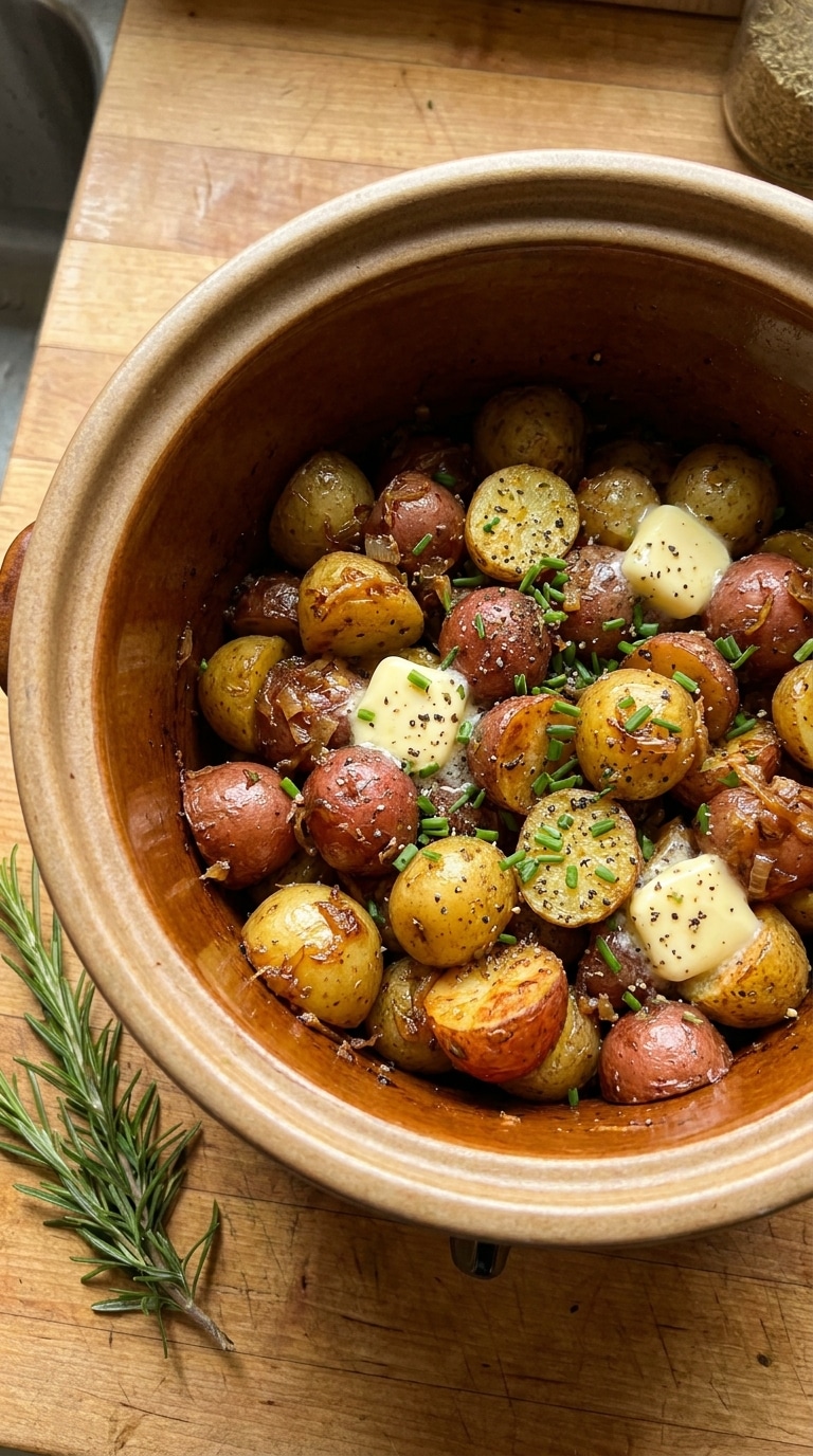 A slow cooker pot filled with tender, onion-seasoned potatoes garnished with chives.
