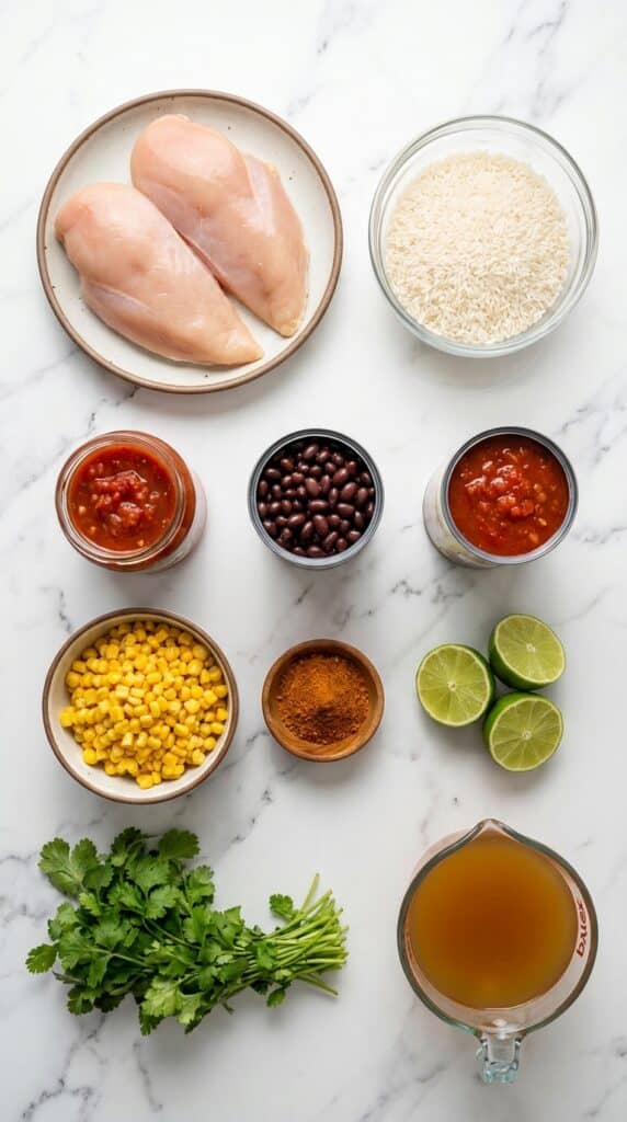 A flat lay of raw chicken, white rice, salsa, black beans, corn, and taco seasoning on a marble countertop.