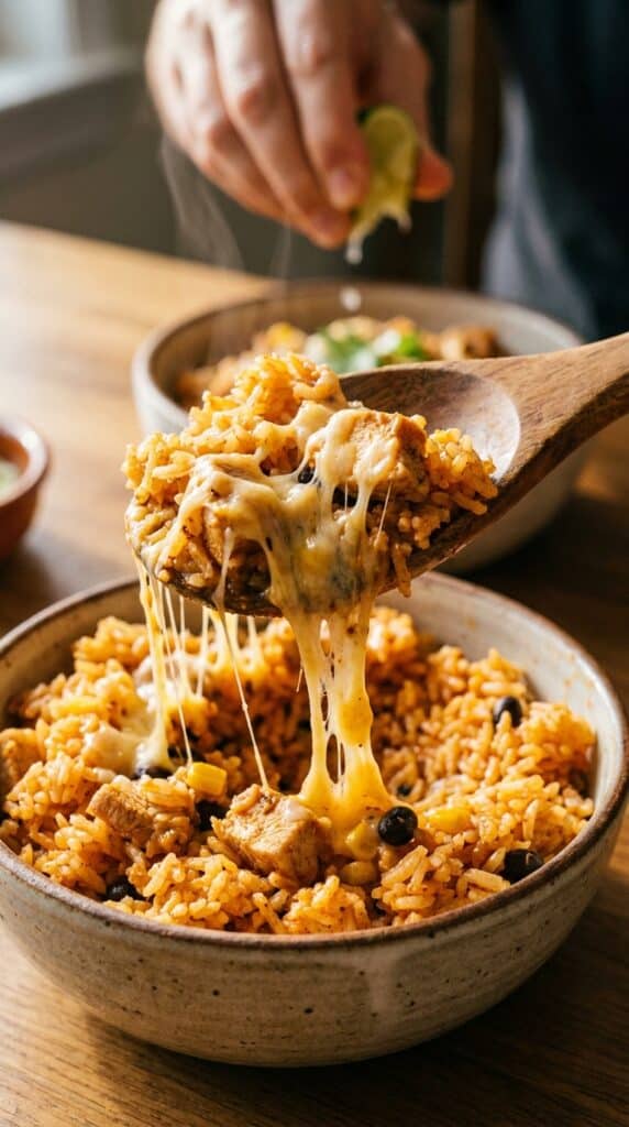 A close-up of a cheesy scoop of taco chicken and rice with visible black beans and corn.