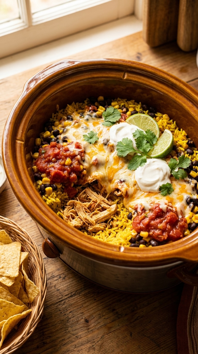 A slow cooker filled with shredded taco chicken, yellow rice, black beans, corn, and melted cheese, topped with cilantro.