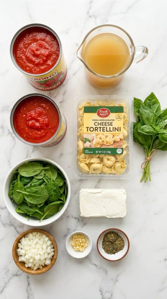 A flat lay of crushed tomatoes, broth, cheese tortellini, baby spinach, and cream cheese on a marble counter.