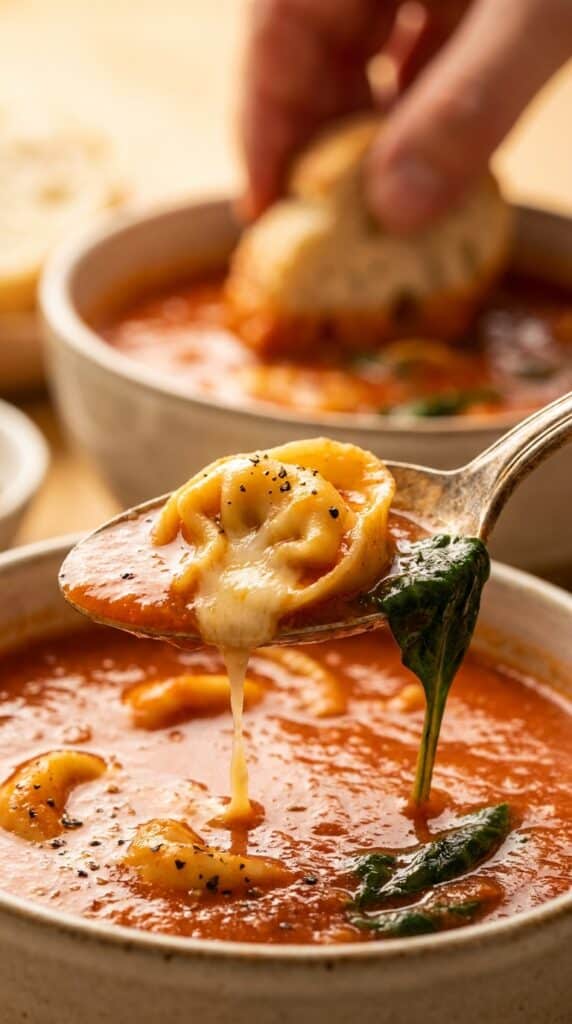 A close-up of a spoon lifting a cheesy tortellini from creamy tomato soup with steam rising.