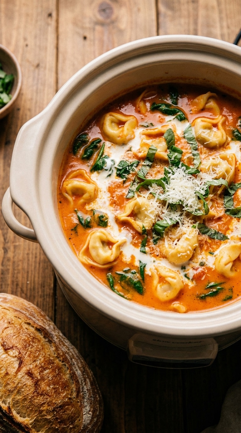 A slow cooker filled with creamy tomato soup, cheesy tortellini, and fresh spinach, topped with parmesan and basil.