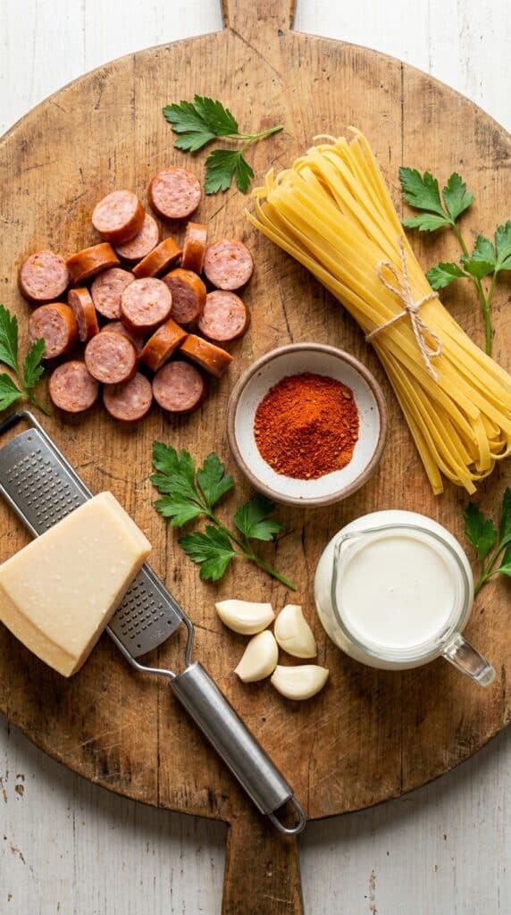 Raw ingredients for Cajun alfredo including sliced sausage, fettuccine, cream, parmesan, and cajun spice on wood.