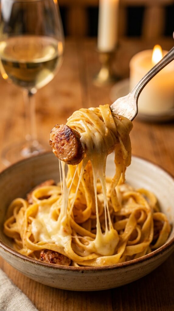 Close-up of a fork twirling creamy cajun pasta and sausage with visible cheese pulls and steam.