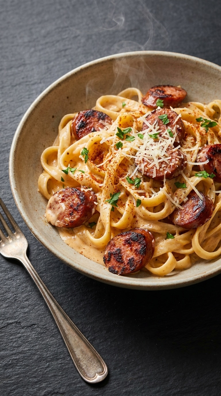 A creamy bowl of fettuccine alfredo with sliced smoked sausage, dusted with cajun seasoning and fresh parsley.