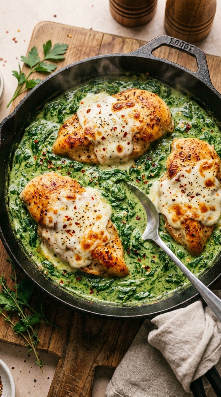A cast iron skillet featuring seared chicken breasts smothered in a thick creamed spinach sauce and topped with melted cheese.