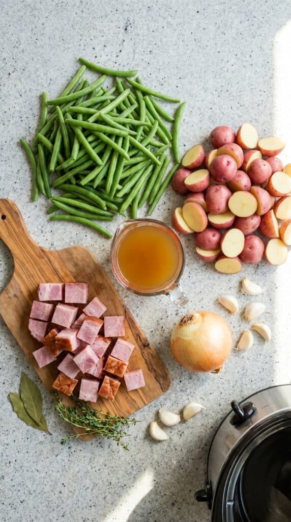 A flat lay showing fresh green beans, red potatoes, cubed ham, onion, and garlic on a clean kitchen counter.