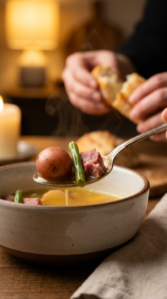 A close-up of a spoon lifting a bite of tender potato, green bean, and ham with steam rising in a cozy setting.