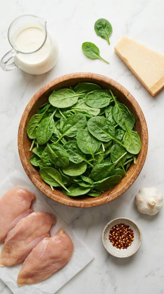 Fresh ingredients for smothered chicken including a bowl of spinach, raw chicken, heavy cream, and garlic on marble.