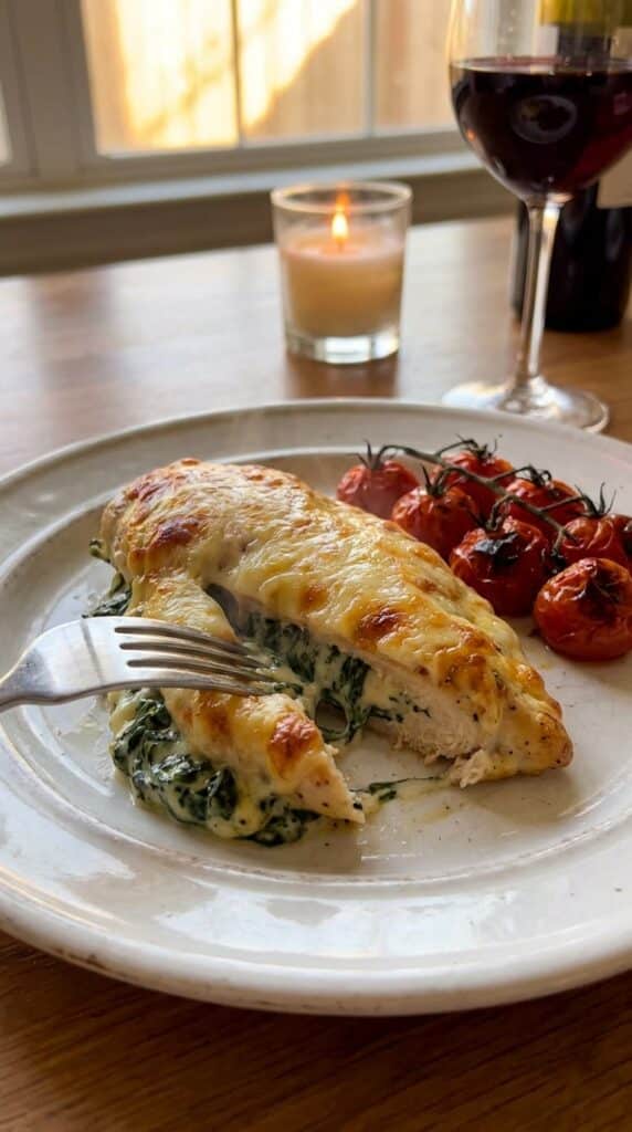 A close-up of a fork cutting into a piece of smothered chicken with creamed spinach and melted cheese on a white plate.