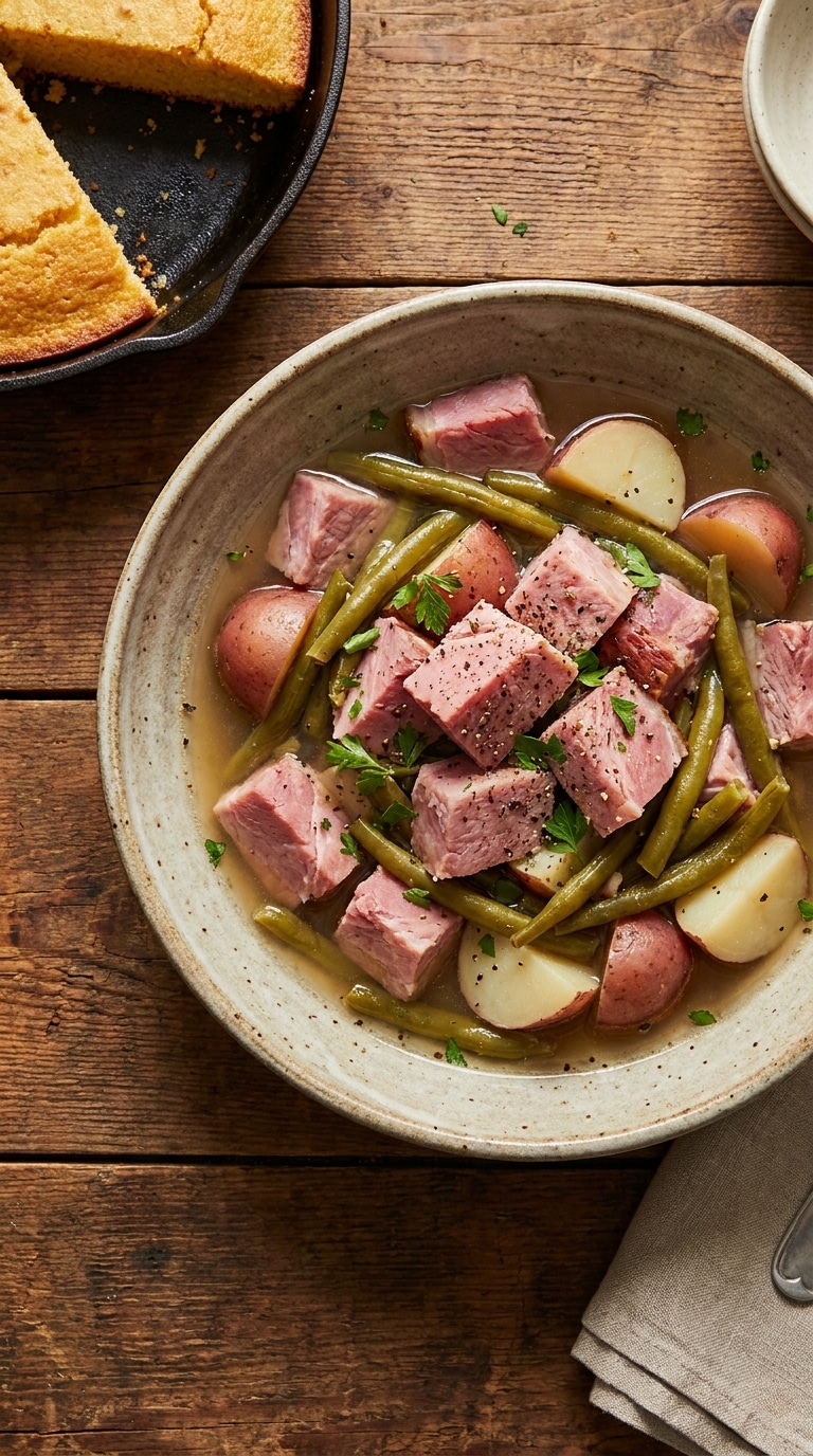 A rustic bowl of slow-cooked ham chunks, green beans, and red potatoes in a savory broth, served on a wooden table.