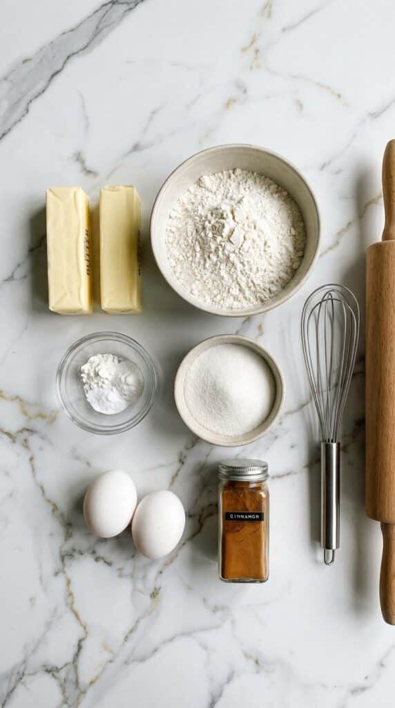 A flat lay of baking ingredients including flour, butter, sugar, eggs, and the essential cream of tartar for Snickerdoodles.