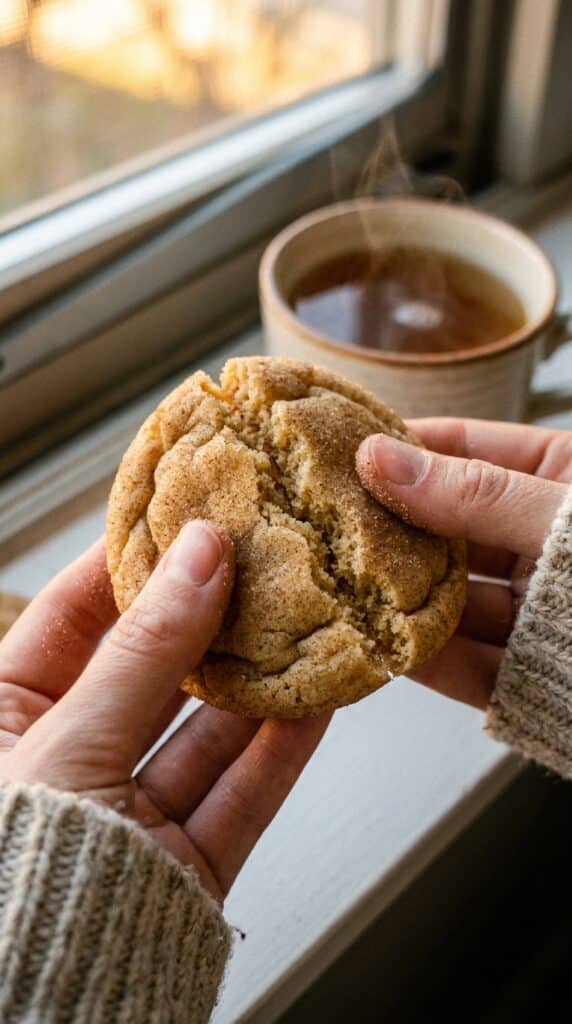 A close-up of a hand touching a soft Snickerdoodle cookie to show its chewy, flexible texture.