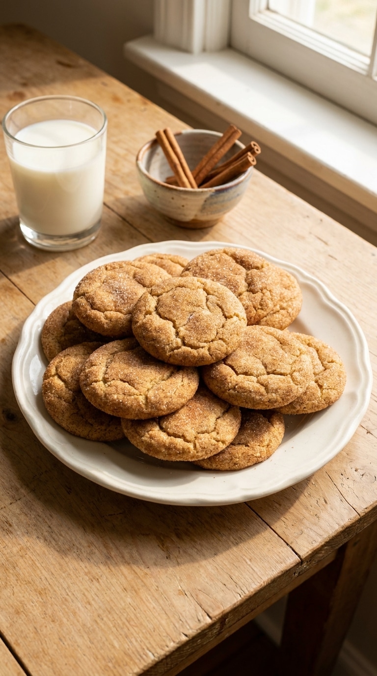 A stack of soft, crackled Snickerdoodle cookies coated in cinnamon sugar on a white plate.