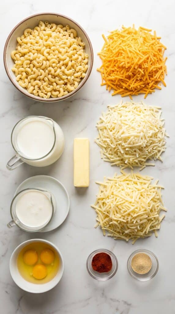 A flat lay showing elbow macaroni, piles of shredded cheeses, eggs, milk, cream, and spices on a marble counter.